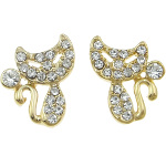 Figural Cat Gold Tone & White Czech Rhinestone Earrings
