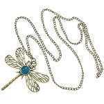 Antiqued Brass Tone Dragonfly Necklace Rhinestone Turquoise Cab