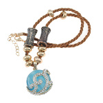Braided Silk Necklace with Rhinestone Blue Cat's Eye Pendant