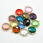 Mixed Small Faceted Circular Glass Brass Wrapped Charm Pendants