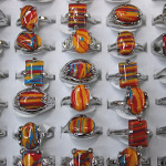Mixed Retro Dyed Multi-Color Malachite Cab Silver Tone Rings