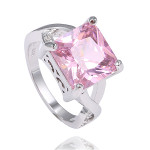 Platinum Plated Silver Tone Large Square Pink CZ Cocktail Ring