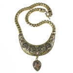 French Empire Gold Tone Relief Filigree & Rhinestone Necklace